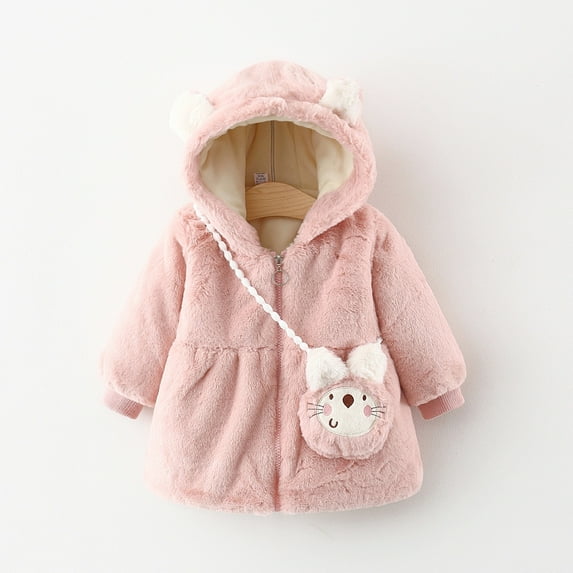 Yidarton Girls Plus Velvet Cotton-padded Jacket With Bag Children Baby Solid Color Hooded Mao Mao Coat Pink