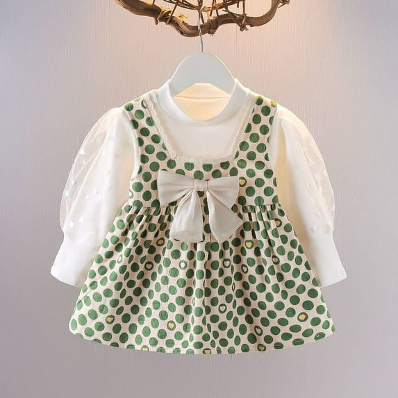 Yidarton Girls Spring And Autumn Dress 2022 New Baby Foreign Style Cute Fake Two Bubble Sleeve Polka Dot Princess Skirt Green 80CM