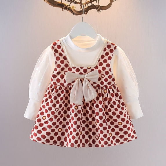 Yidarton Girls Spring And Autumn Dress 2022 New Baby Foreign Style Cute Fake Two Bubble Sleeve Polka Dot Princess Skirt Red 100CM