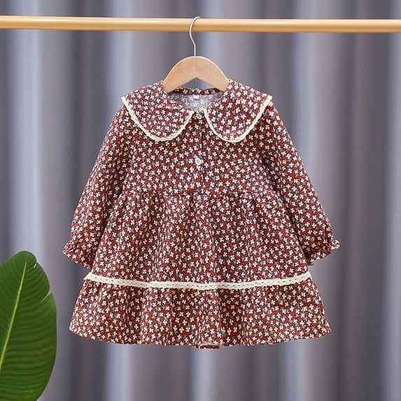 Yidarton Girls spring and autumn 2022 new temperament girl floral long-sleeved princess dress Korean version of the female baby skin-friendly breathable Red 100CM