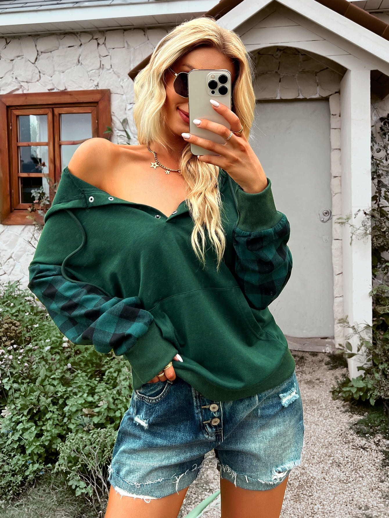 Yidarton Plaid Stitched Hoodie Autumn and Winter Loose Sweatshirt Casual  Women's Jacket Green S Size - Walmart.com