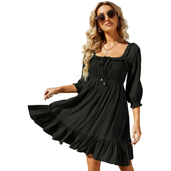 Yidarton Women Summer Square Neck Puff Sleeve Ruffle Loose A Line Mini Dress