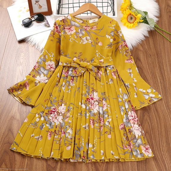 Yidarton Yellow Girls Dress 2022 Autumn And Winter New Children's Retro Printed Long Sleeve Princess Skirt European And American Children's Clothing