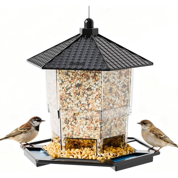 Yieach Hanging Bird Feeder for Outdoors,Large Hopper Squirrel Proof Birdfeeder for Cedar,Red,Cardinal,Blue Jay and Wild Birds,Easy to Feel Birdhouse & Bird Seed Feeder & Gazebo for Outside,Tree,Black