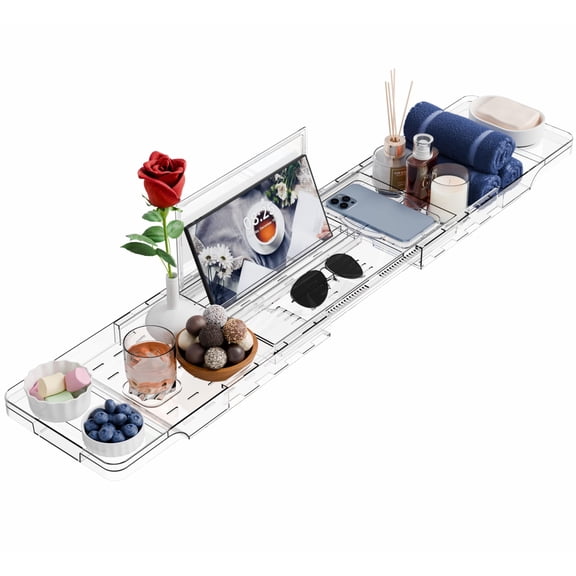 Yieach Luxury Clear Bathtub Shelf Across Tub,Expandable Plastic Bathtub Tray Over The Tub Bath Caddy,Free Standing Bath Table Board & Accessories for Women Relaxing with Reading Book and Ipad Holder