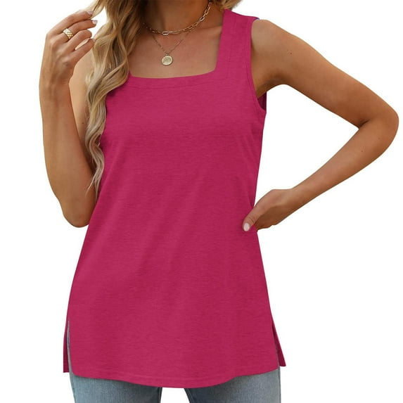 Yieetim Hot Pink Tank Top for Women Fashion Casual Crew Neck Vest Solid Color Comfortable Sleeveless Tee Shirts Female Loose Lightweight Tank Tops