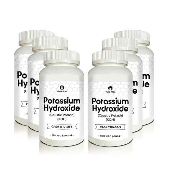 Yield Titan High Purity Potassium Hydroxide (Caustic Potash) KOH - Used in Cleaning Products, Pharmaceuticals (6 Bottles)