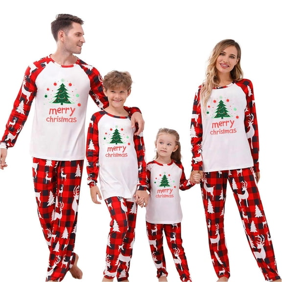 Yievot 2 Piece Family Christmas Pajamas Matching Sets PJ's Sleepwear Christmas Trees Graphic Printed Shirts and Plaid Pants Festival Party Sleepwear