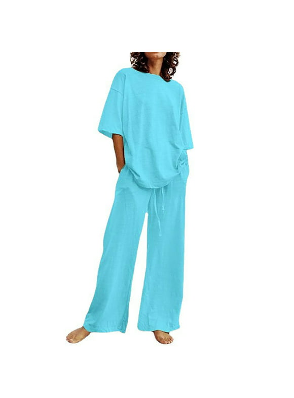 Yievot 2 Piece Outfits for Women Summer Linen Matching Lounge Sets Loungewear Pajamas Sets