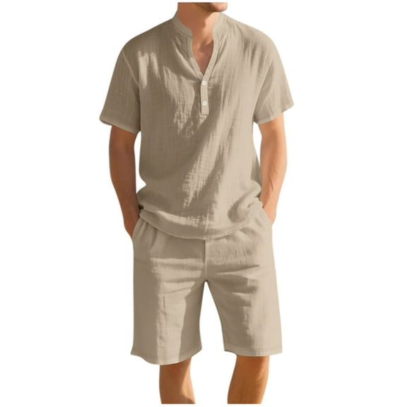 Yievot 2 Piece Short Sets for Men Summer Beach Outfits Linen Henley Shirts & Shorts Casual Vacation Set