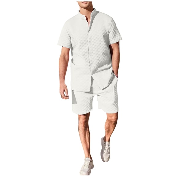 Yievot 2 Piece Short Sets for Men Summer Beach Outfits Plaid Texture Button Down Shirts & Shorts Casual Vacation Set