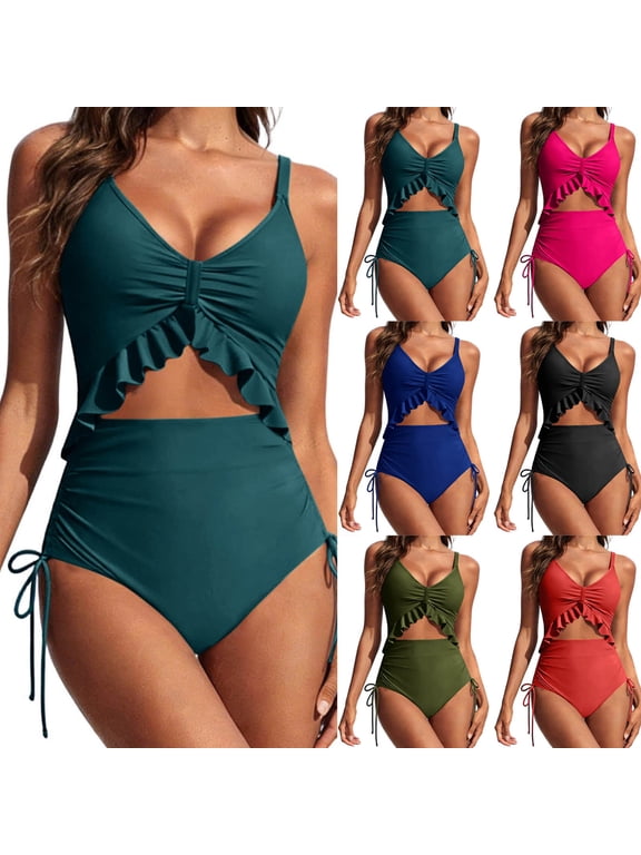 2 Piece Swimsuits for Women Ruched Ruffle Tummy Control Bathing Suit High Waist Slimming Cutout Swimwear