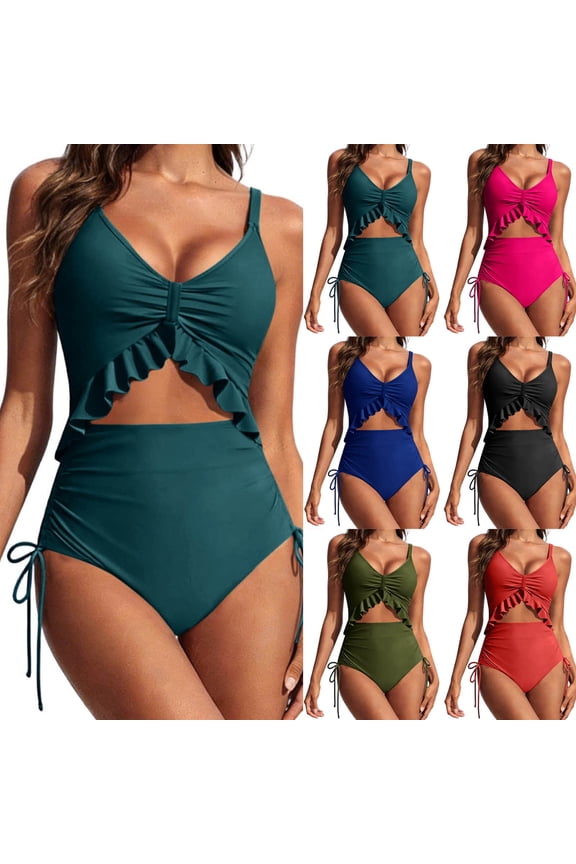 2 Piece Swimsuits for Women Ruched Ruffle Tummy Control Bathing Suit High Waist Slimming Cutout Swimwear