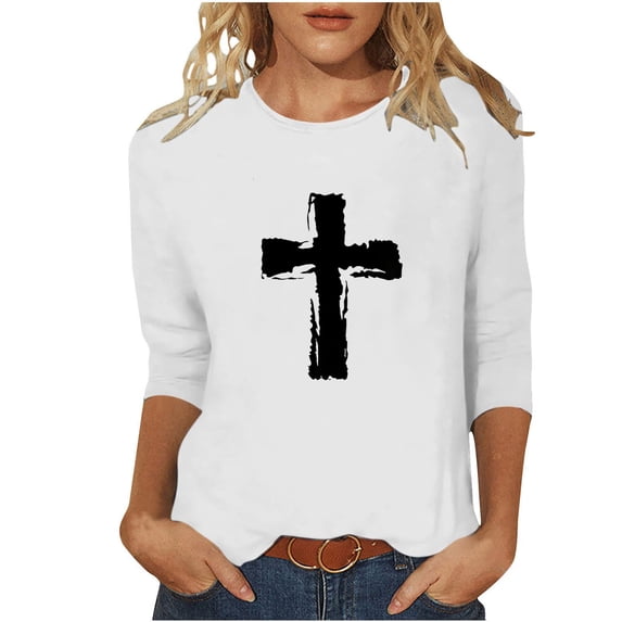 Yievot 3/4 Length Sleeve Womens Easter Shirts Graphic Printed Tee Loose Crew Neck Womens Tops