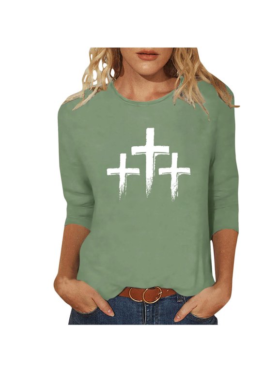 3/4 Length Sleeve Womens Easter Shirts Graphic Printed Tee Loose Crew Neck Womens Tops