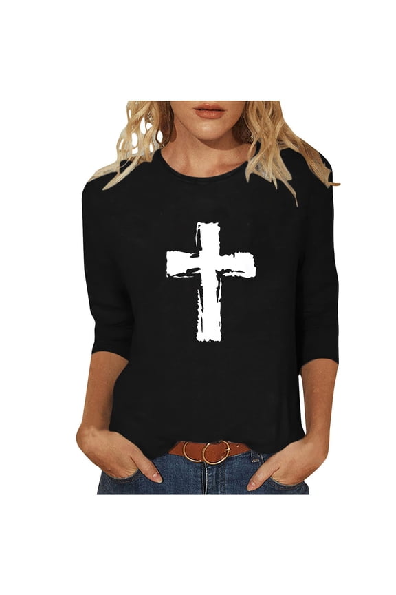 3/4 Length Sleeve Womens Easter Shirts Graphic Printed Tee Loose Crew Neck Womens Tops