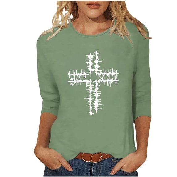 Yievot 3/4 Length Sleeve Womens Easter Shirts Graphic Printed Tee Loose Crew Neck Womens Tops
