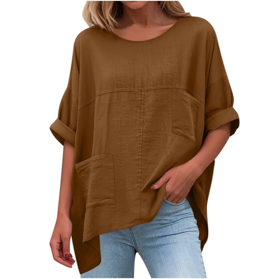 Yievot 3/4 Length Sleeve Womens Tops Loose Casual Crew Neck Summer Tops Pleated Work Tunic Blouses with Pocket