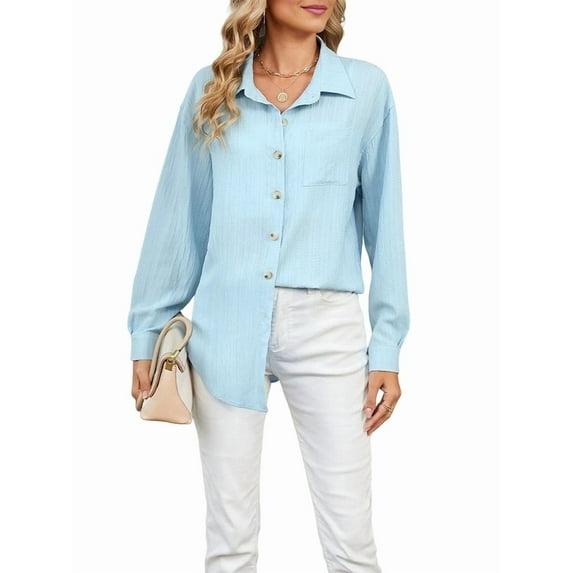 Womens Button Down Shirts Long Sleeve Textured Collared Work Blouse Dressy Casual Tops with Pocket Blue S