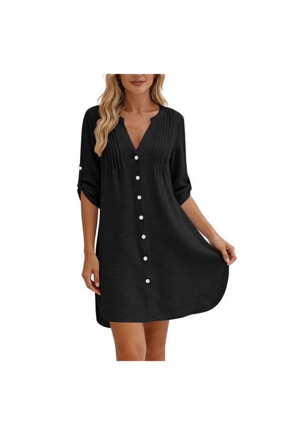 Beach Cover Ups for Women Pleated V Neck Button Down Swimsuit Cover up Swimwear Bathing Suit Cover Up