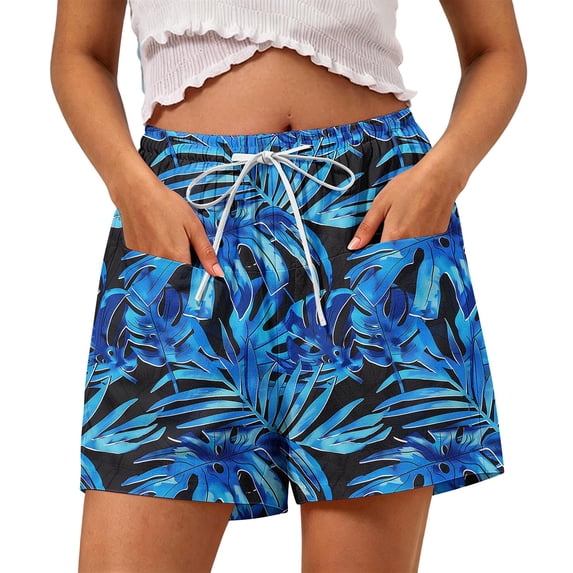 Yievot Beach Shorts for Women Graphic Print Drawstring Elastic Waist Summer Vacation Casual Shorts with Pockets