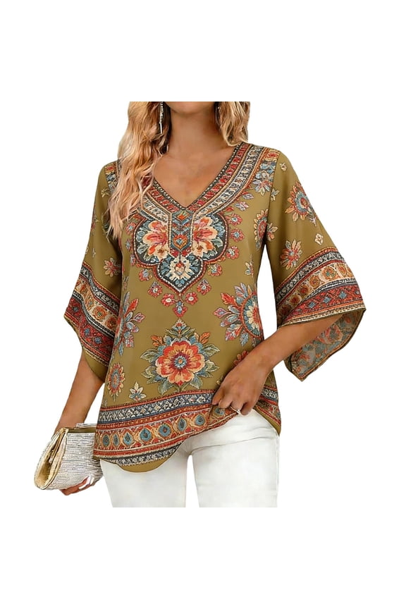 Bohemian Tops for Women Graphic Print 3/4 Sleeve Tunic Tops Casual Beach Vacation Blouses