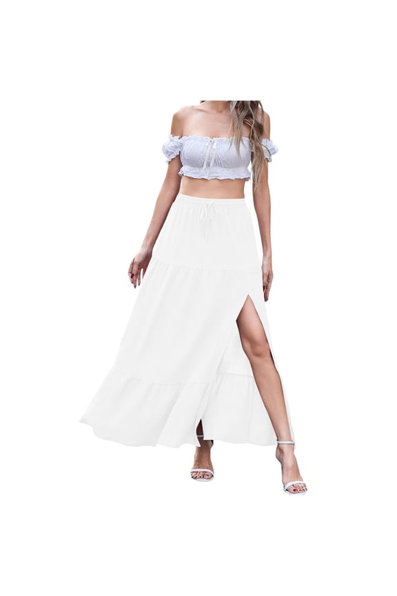 Boho Maxi Skirts for Women Side Slit Ruffle Flowy Tiered Pleated Long Skirt with Pockets