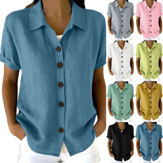 Yievot Button Down Shirts for Women Collared Roll-Up Short Sleeve Lightweight Breathable Tops