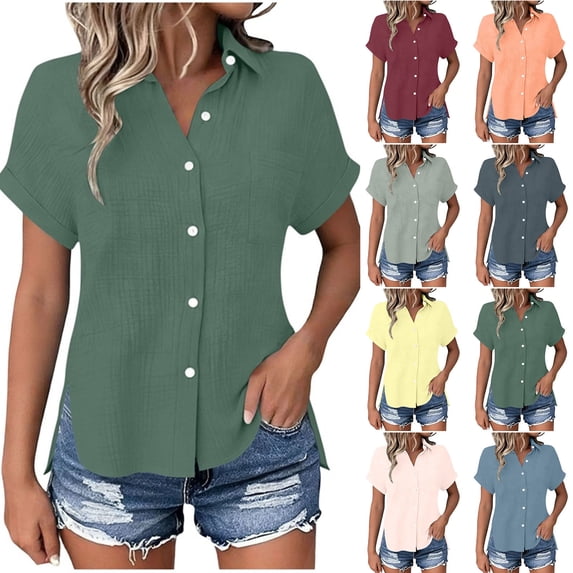 Yievot Button Down Shirts for Women Collared Short Sleeve Side Slit Textured Lightweight Casual Office Tops with Pocket