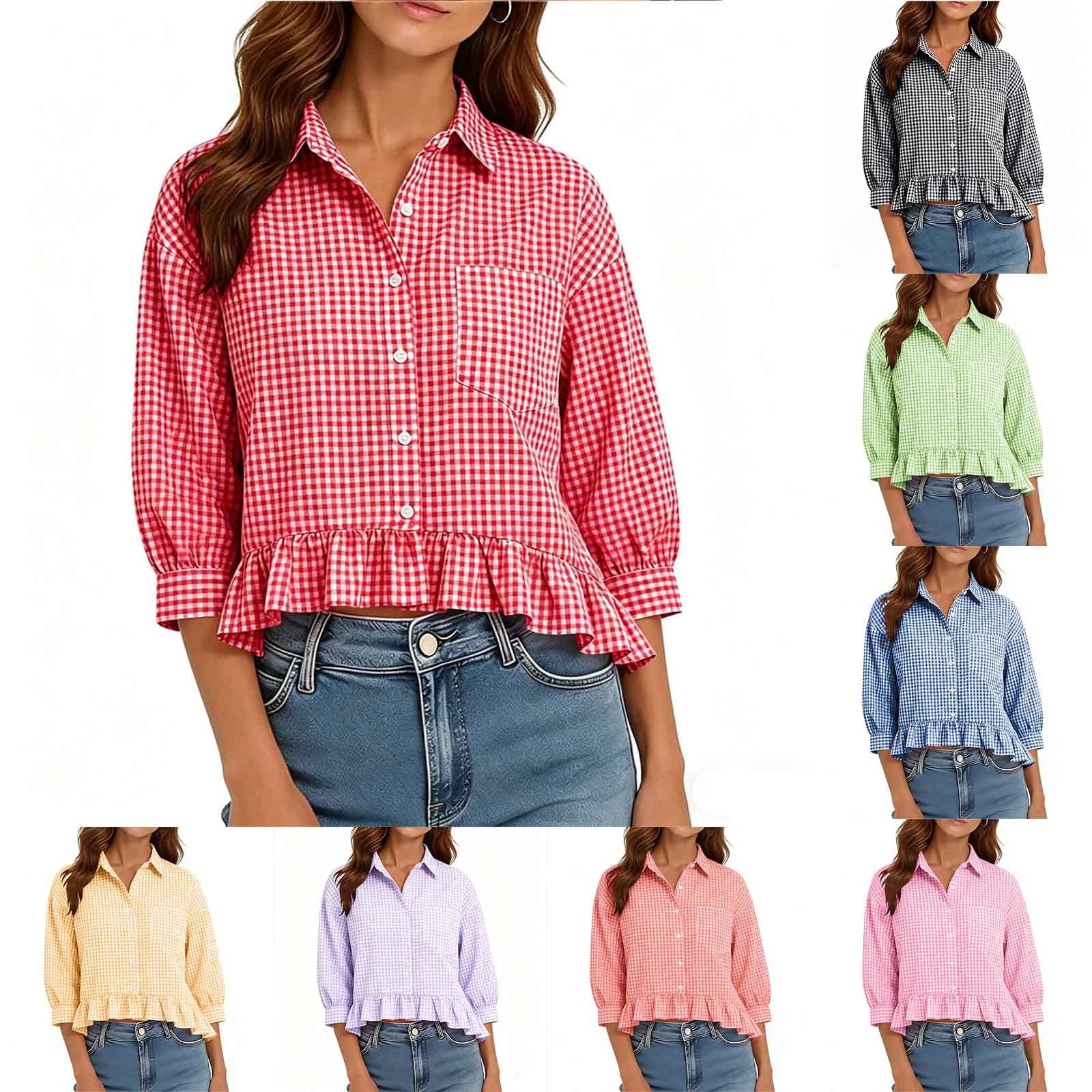 Yievot Button Down Shirts for Women Plaid Collared Blouses 3/4 Sleeve ...