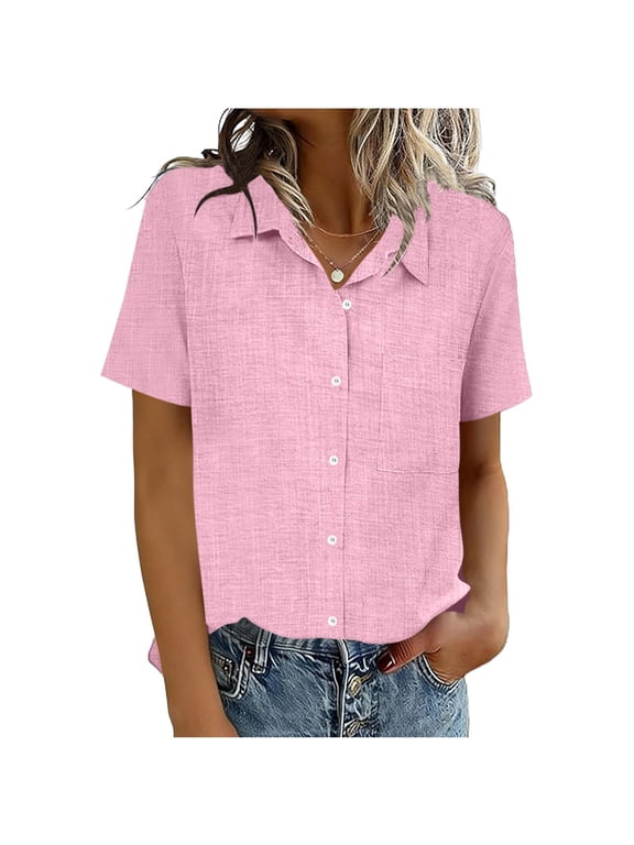 Button Down Shirts for Women Short Sleeve Collared Tops Solid Dressy Business Casual Blouses