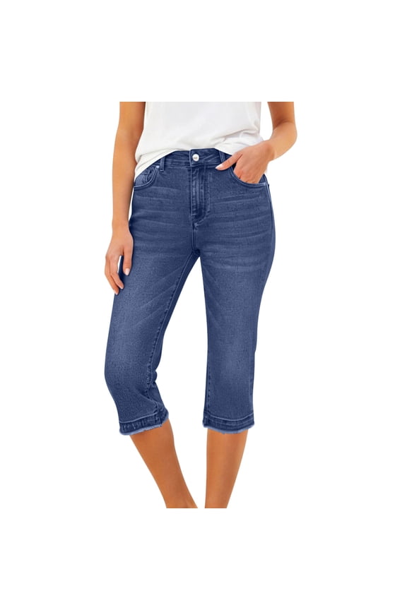 Capri Jeans for Women Trendy Mid Waisted Stretch Denim Jean Capris Summer Casual Cropped Pants with Pockets