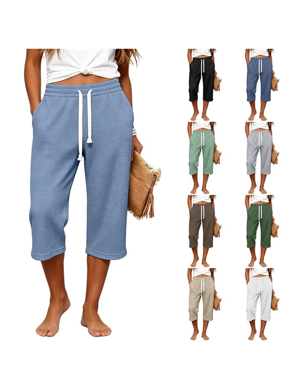 Capri Pants Women Relaxed Fit Waffle Knit Capris Elastic Drawstring Waist Side Pocket Summer Vacation Casual Cropped Trousers