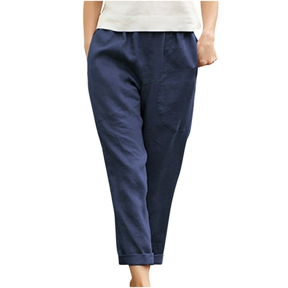 Yievot Capris Elastic Waist Casual Crop Pants Summer Women's Solid Large Pocket Casual Pants Cotton Linen Straight Leg Pants Navy XXXL
