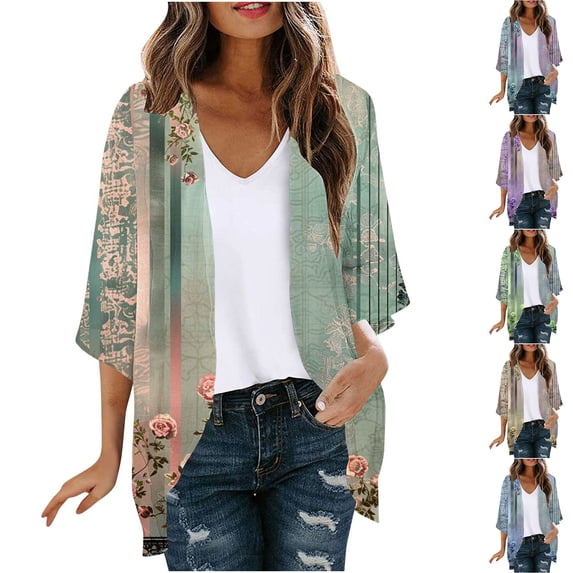 Yievot Cardigans for Women Floral Print Open Front 3/4 Sleeve Cardigan Lightweight Breathable Vacation Tops