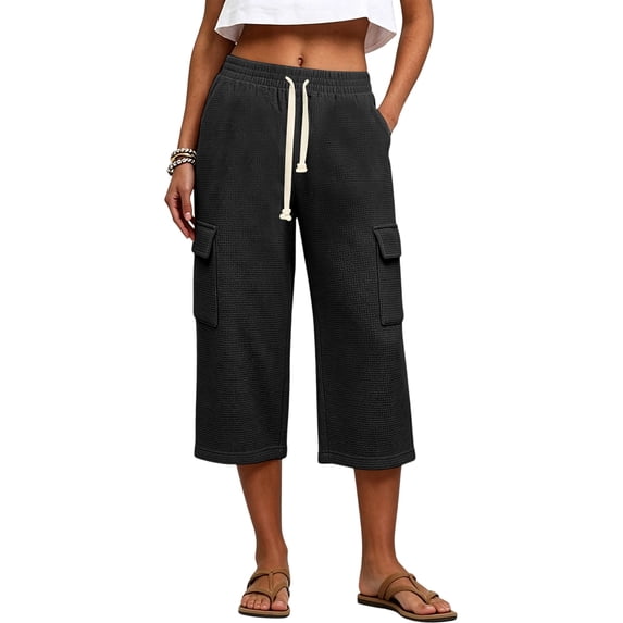 Yievot Cargo Capri Pants for Women Waffle Knit Drawstring Elastic Waist Relaxed Fit Casual Cropped Pants with Multi Pockets