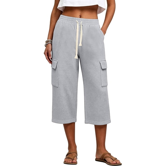 Yievot Cargo Capri Pants for Women Waffle Knit Drawstring Elastic Waist Relaxed Fit Casual Cropped Pants with Multi Pockets