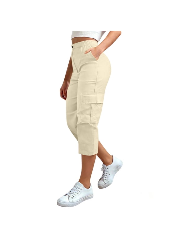 Cargo Capris for Women Loose Button High Waisted Capris Pants with Pockets Summer Casual Work Cropped Pant
