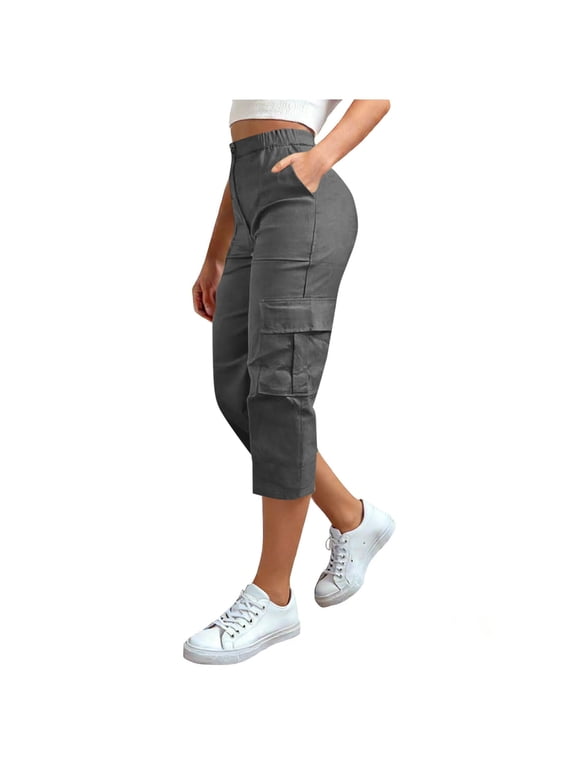 Cargo Capris for Women Loose Button High Waisted Capris Pants with Pockets Summer Casual Work Cropped Pant