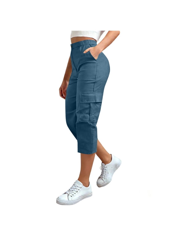 Cargo Capris for Women Loose Button High Waisted Capris Pants with Pockets Summer Casual Work Cropped Pant