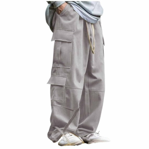 Yievot Cargo Pants for Men Wide Leg Elastic Waist Drawstring Pants Solid Color Casual Hiking Workout Pants for Men with Pockets