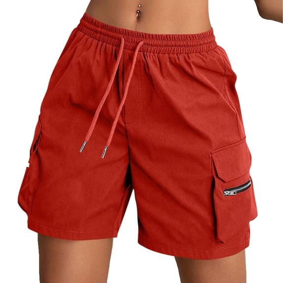 Yievot Cargo Shorts for Women Drawstring Elastic Waist Summer Outdoor Hiking Shorts with Zipper Pockets