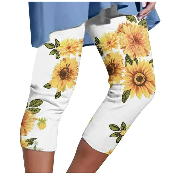 Yievot Casual Lounge Capris Pants for Women Summer Savings Clearance Womens Floral Printing Casual Leggings Elastic Waist Beach Pants Athletic Cropped Pants White 4XL