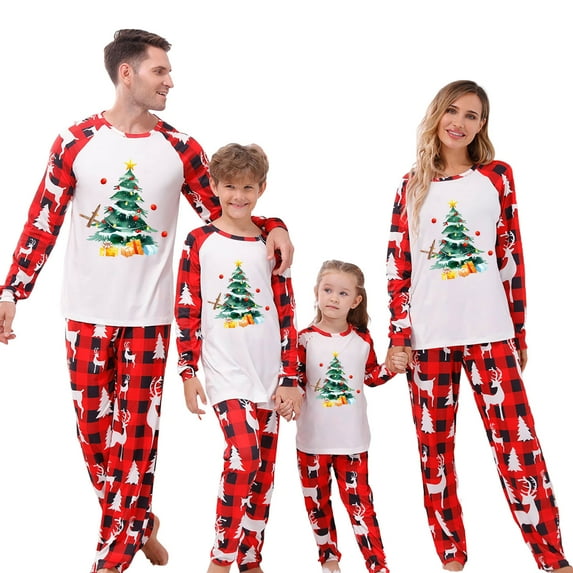 Yievot Christmas Family Matching Pajamas Sets PJ's Sleepwear Christmas Trees Printed Shirts and Plaid Pants 2 Piece Festival Party Sleepwear