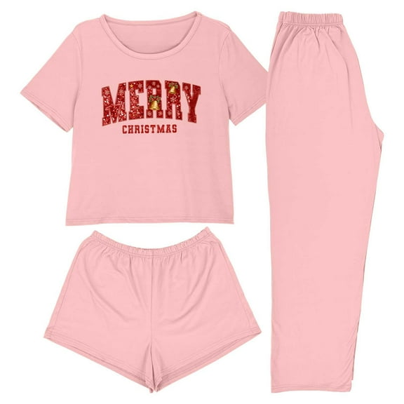 Maplenight Christmas Pajamas for Women Set 3 Piece Letter Print Graphic Short Sleeve Sleepwear Pjs Sets Xmas Loungewear