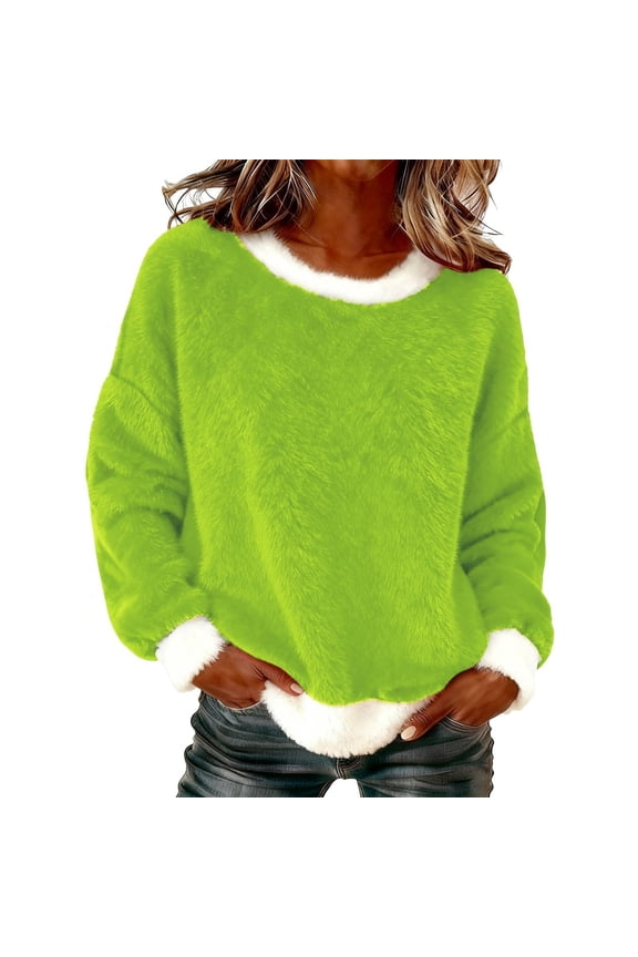 Christmas Sweaters for Women Fuzzy Fleece Soft Crewneck Pullover Casual Vacation Holiday Tops