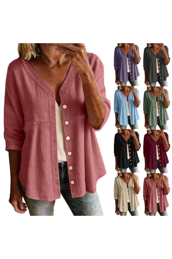 Cotton Linen Cardigans for Women Open Front Button Down 3/4 Sleeve Relaxed Fit Casual Tops