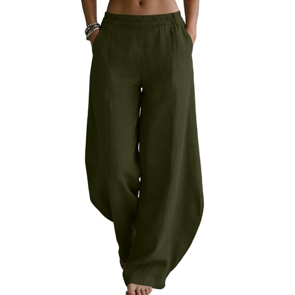 Yievot Cotton Linen Pants Women Wide Leg Barrel Pant Summer Casual Elastic Waisted Loose Trousers with Pockets