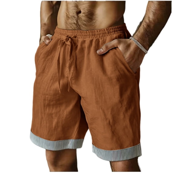 Yievot Cotton Linen Shorts for Men Striped Cuffed Hem Drawstring Elastic Waist Loose Fit Summer Vacation Shorts