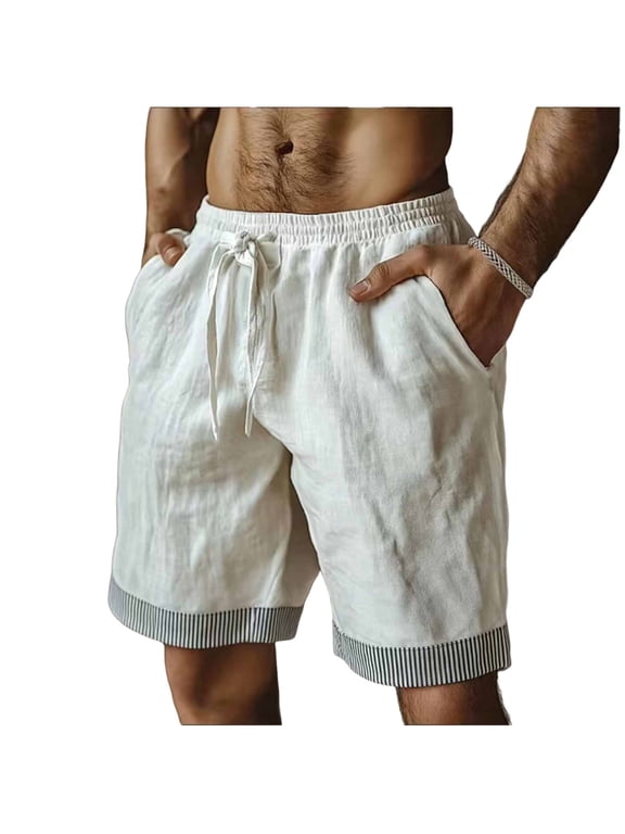 Cotton Linen Shorts for Men Striped Cuffed Hem Drawstring Elastic Waist Loose Fit Summer Vacation Shorts